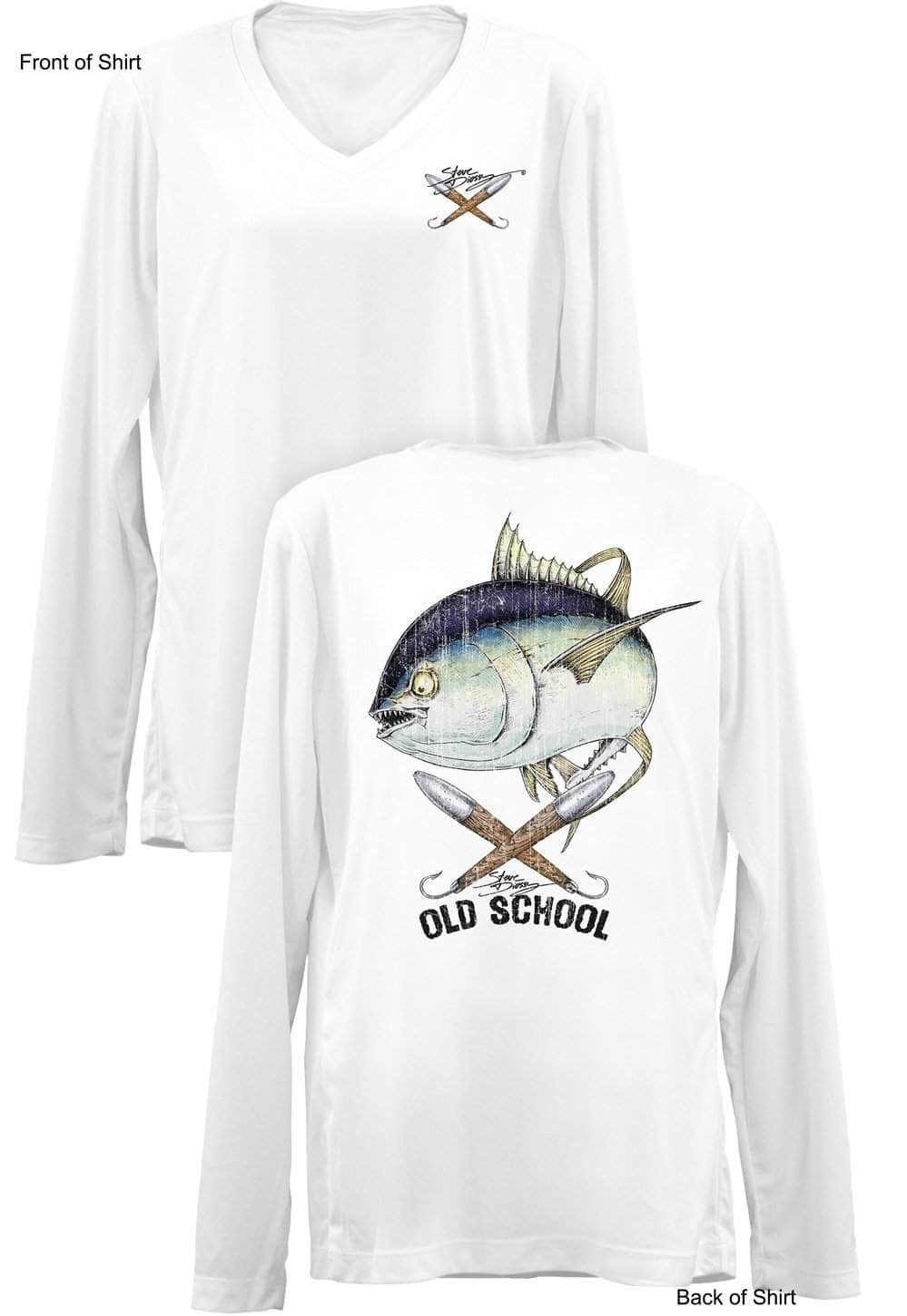 Old School Tuna- Ladies Long Sleeve V-Neck-100% Polyester